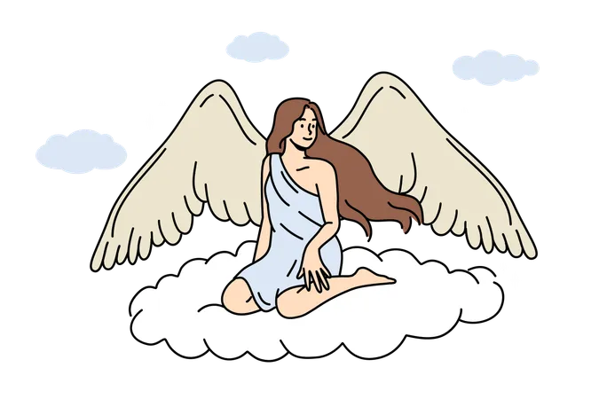 Angel is sitting on cloud with wings  イラスト