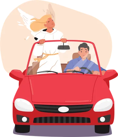 Angel life guardian biblical character protecting young man driver from road accident  Illustration