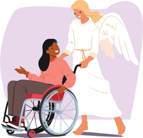 Angel life keeper biblical holy character supporting and caring for inclusive woman in wheelchair  Illustration