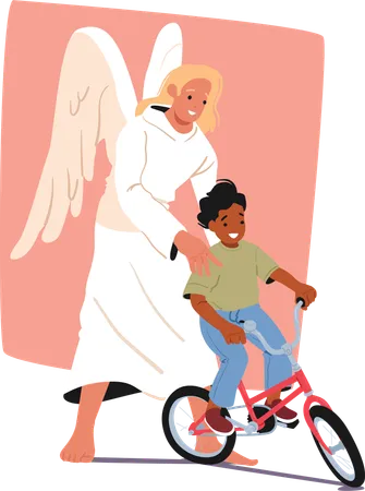 Angel life keeper caring child helping little boy learning to ride bicycle  Illustration