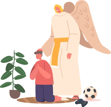 Angel Keeper Character Attentively Listens To The Childs Prayers Providing Comfort And Guidance Their Ethereal Presence Offering Solace And Protection Cartoon People Vector Illustration Illustration