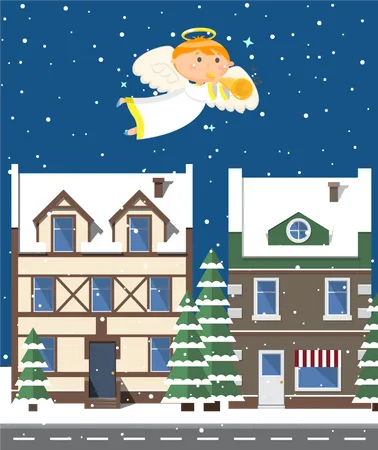 Angel In Dress Playing Trumpet And Flying Over Evening City In Winter Period Of Year Glossy Buildings And Trees Covered With Snow Dark Outdoor Sky With Stars Christmas Night Vector Cartoon Style Illustration
