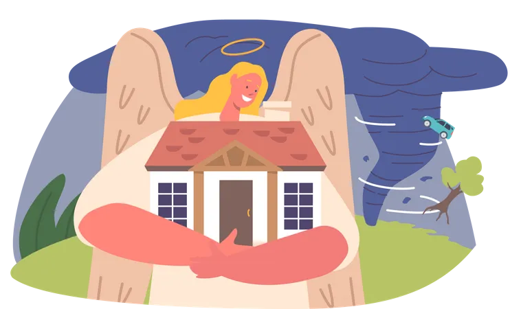 Angel Keeper Character Protect Home Guardian Safeguard House Offering Comfort And Protection To Residents From Negative Energies Natural Disasters Or Harm Cartoon People Vector Illustration イラスト
