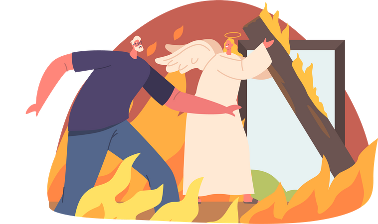 Angel rescues Man from burning house  Illustration