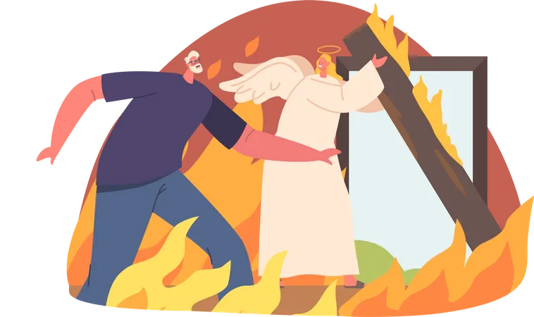 Angel Keeper Rescues Man From Burning House Guiding Him To Safety Amidst Flames And Smoke Ensuring His Survival And Protecting Him From Harm Cartoon Vector Illustration イラスト