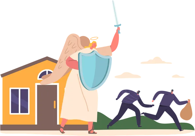 Angel Keeper Character With Sword And Shield Safeguards Home From Robbers Providing A Sense Of Protection And Tranquility To Residents Cartoon People Vector Illustration Illustration
