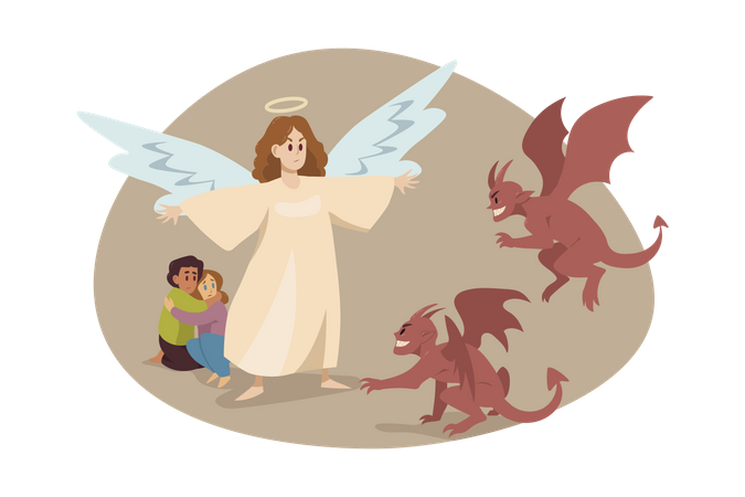 Angel savings couple life from monsters  Illustration