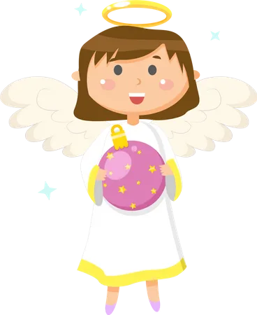 Child With Wings And Halo Vector Angel Holding Bauble Decoration For Christmas Celebration Of Holiday Small Kid Wearing Long Dress Girl Smiling Illustration