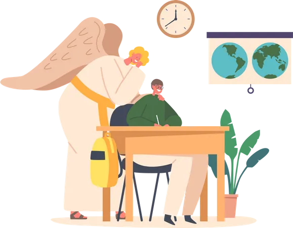 Angel Keeper Supports Child During Lessons Offering Guidance And Assistance Provides Comfort And Encouragement Helping Children To Succeed In Their Academic Endeavors Cartoon Vector Illustration Illustration