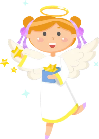 Christmas Or Easter Symbol Angel With Box Of Stars Religious Holiday Vector Girl In Dress With Halo And Wings Heaven Creature Valentines Day Illustration