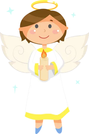 Christmas And Valentines Day Character Angel With Halo And Wings Holding Candle Vector Heaven Creature Boy Or Child In White Robe Holy Spirit Illustration
