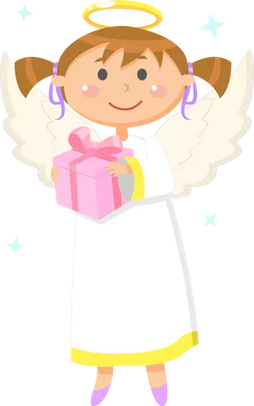 Christmas Or Valentine Day Symbol Angel Girl With Gift Box Wings And Halo Vector Child Or Kid Heaven Creature With Wrapped Holiday Present In Sky Illustration