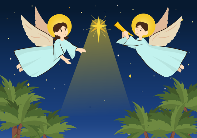 Ángeles celebrando el nacimiento de Jesús en la Tierra.  Ilustración