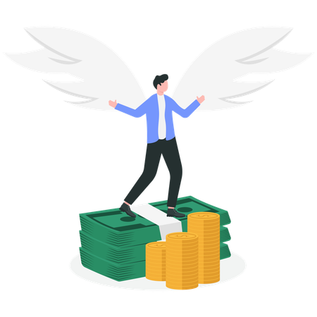 Angelic businessman sitting on pile of money  Illustration