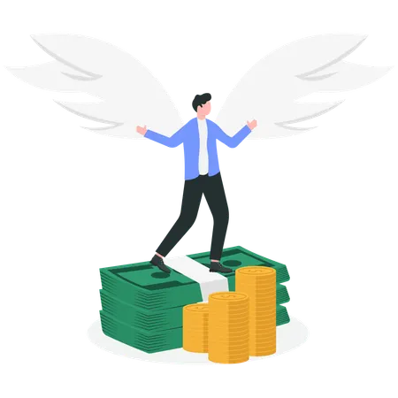 Angelic businessman sitting on pile of money  Illustration