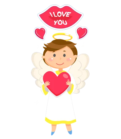 Ángel de niño pequeño en postal de San Valentín  Ilustración