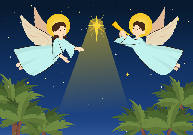 Angels celebrating birth of Jesus on Earth  Illustration