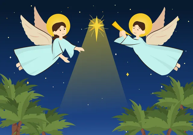 Angels celebrating birth of Jesus on Earth  Illustration