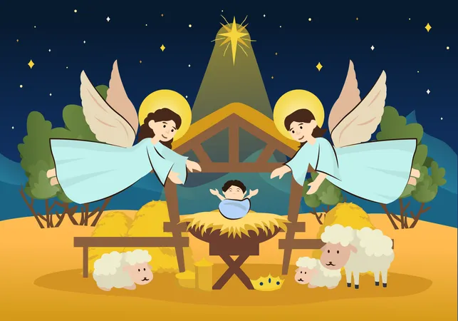 Angels greet Jesus baby  Illustration