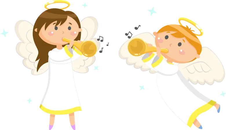 Angels With Trumpets Playing Music Boy And Girl Vector Halo And Wings Musical Instruments Heaven Characters In Sky Children Or Kids Christmas Illustration