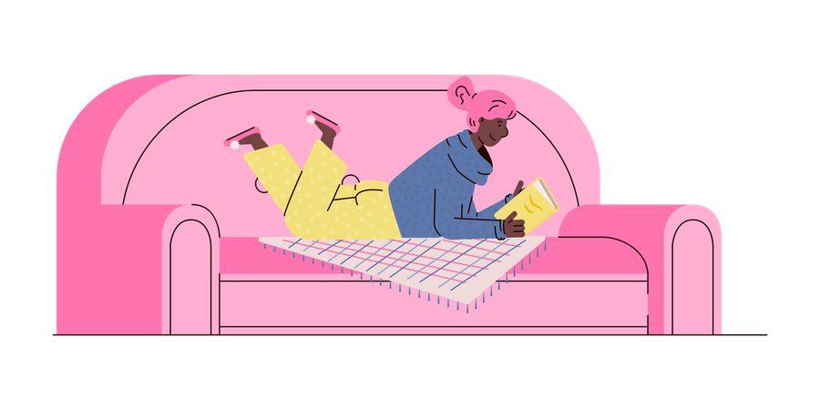 Angenehmes Lesebanner mit einer Cartoon-Frau, die auf einem rosa Sofa liegt und ein Buch hält  Illustration