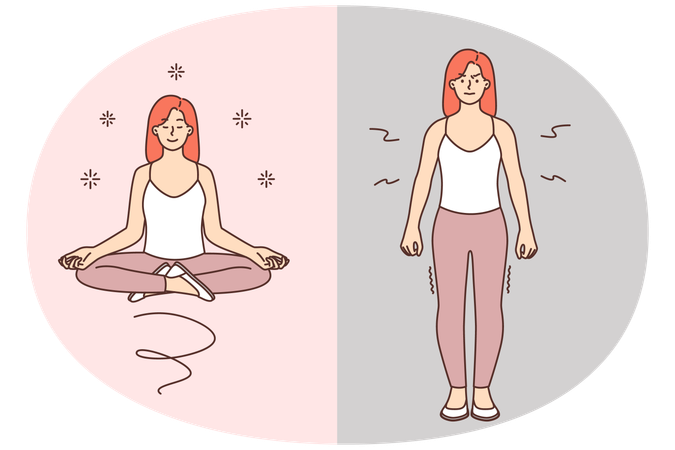 Angered woman becomes calm after meditation practice from yoga in lotus position  Illustration