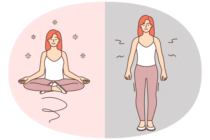Angered woman becomes calm after meditation practice from yoga in lotus position  Illustration