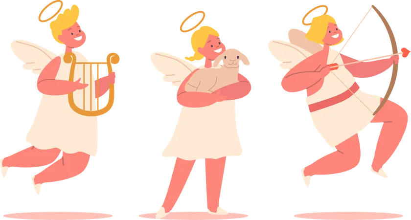 Anges mignons tenant la harpe et l'arc avec la flèche  Illustration