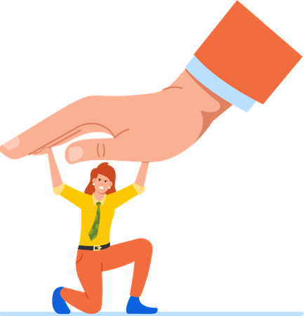 Weibliche Mitarbeiterin widersetzt sich der riesigen Hand ihres Chefs, die sie nach unten drückt, und symbolisiert damit die Machtdynamik am Arbeitsplatz  Illustration