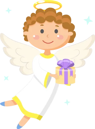 Angel Holding Gift Box With Ribbon Portrait View Of Flying Angelic Character In White Clothes Kid With Wings And Nimbus Holiday Papercard Tooth Fairy Vector Illustration In Flat Style Illustration