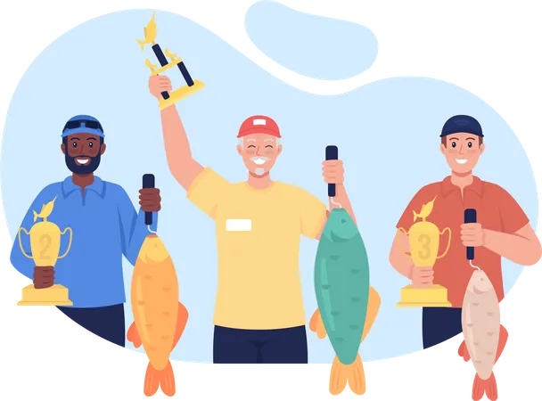 Angling Championship Winners 2 D Vector Isolated Illustration Fishermen With Fishing Awards And Fishes Flat Characters On Cartoon Background Friendly Atmosphere For Competitors Colourful Scene Illustration