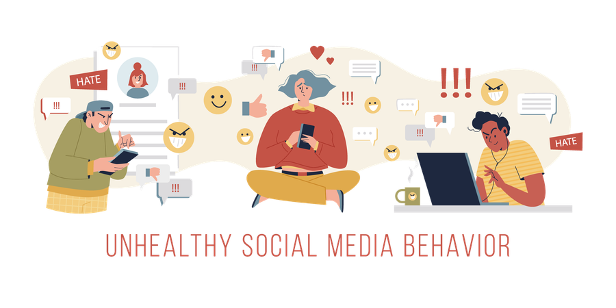 Angry and frustrated people showing unhealthy social media behavior  Illustration