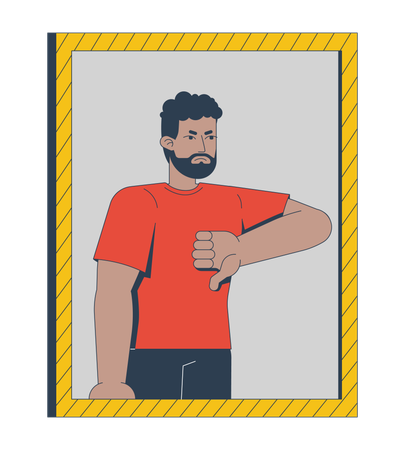 鏡の前で親指を下に向けて不承認を示す怒った黒人男性  イラスト