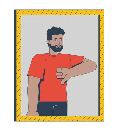 鏡の前で親指を下に向けて不承認を示す怒った黒人男性  イラスト