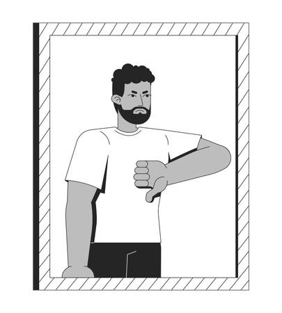 鏡の前で親指を下に向けて不承認を示す怒った黒人男性  イラスト