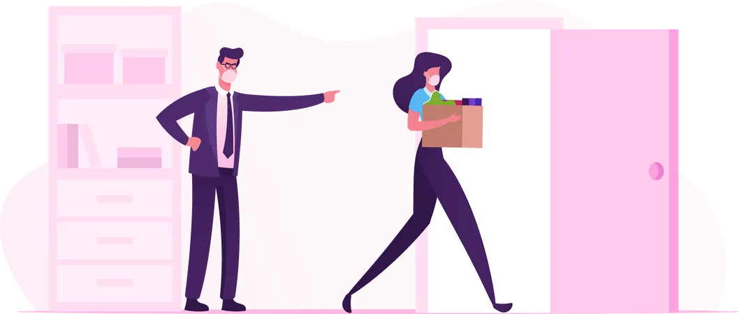 Dismissal During Quarantine Covid 19 Angry Boss Character Shouting Scolding And Firing Female Worker Stressed Employee In Medical Mask Leaving Office With Box Cartoon Vector People Illustration Illustration