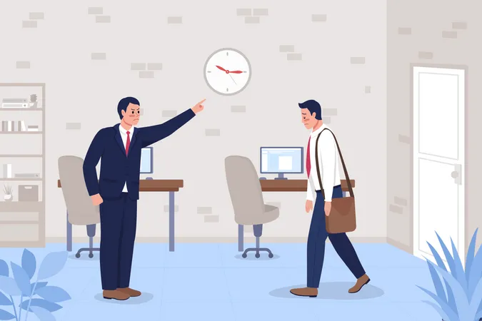 Late To Work Flat Color Vector Illustration Boss Angry At Employee For Tardiness Challenges At Office Job Colleagues 2 D Cartoon Characters With Corporate Workplace Interior On Background Illustration