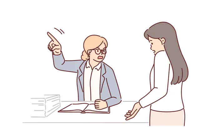 Angry Boss Fires Employee Sitting At Table And Pointing Finger To Side To Drive Away Colleague Who Made Mistake Boss Yelling At Subordinate For Lack Of Performance And Lack Of Sales Illustration