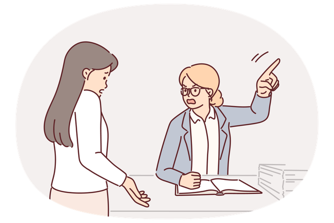Angry boss fires employee sitting at table and pointing finger to side to drive away colleague  Illustration
