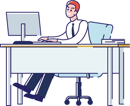Concept Of Overworked And Burnout Angry Office Worker Or Boss Is Working On The Computer At Workplace Stressed Character Trying To Complete Work Cartoon Linear Outline Flat Vector Illustration Illustration
