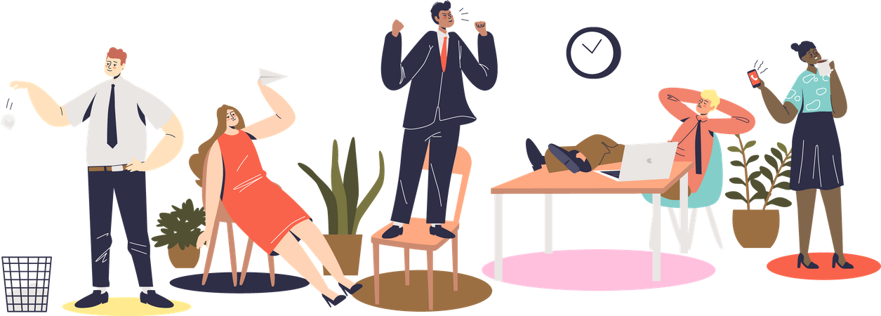 Angry boss shouting at lazy employees team Illustration