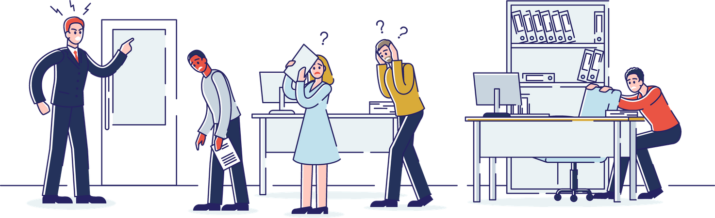 Angry boss shouting at lazy employees team  Illustration