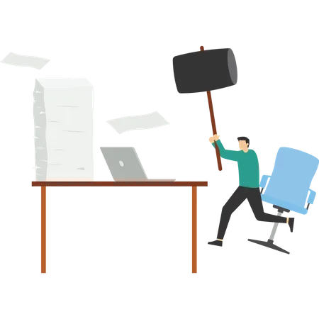 Angry boss smashed the computer on the desk  Illustration