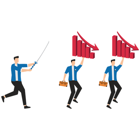 Angry Boss with sword chasing after employees with declining marketing performance  Illustration