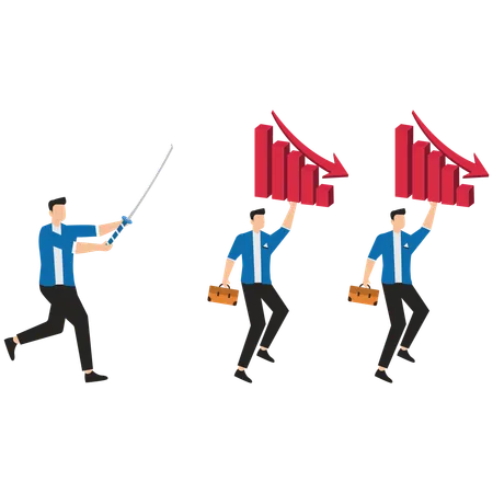 Angry Boss with sword chasing after employees with declining marketing performance  Illustration