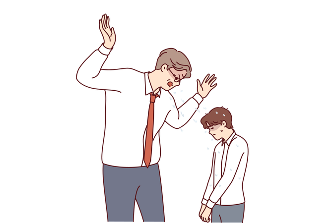 Angry boss yells at little subordinate reprimanding him for making mistake or violating plan  Illustration