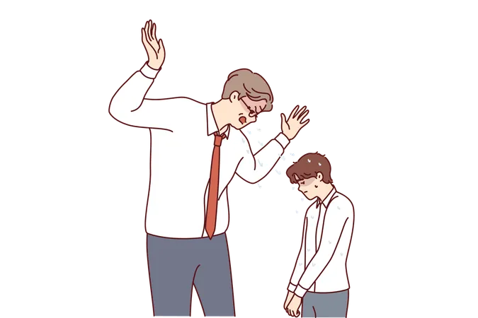 Angry boss yells at little subordinate reprimanding him for making mistake or violating plan  Illustration