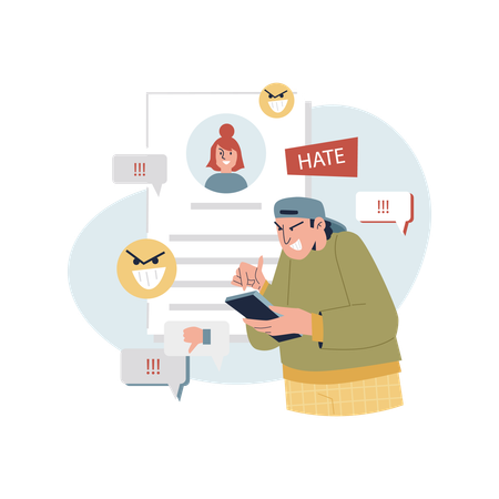 Angry boy leaving negative comments in social media hate and dislikes  Illustration