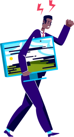 Angry business man holding broken computer monitor Illustration