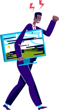 Angry business man holding broken computer monitor  Illustration